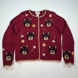 Christopher & Banks Bear Honey Bee Embroidered Cardigan Sweater Burgundy Red M